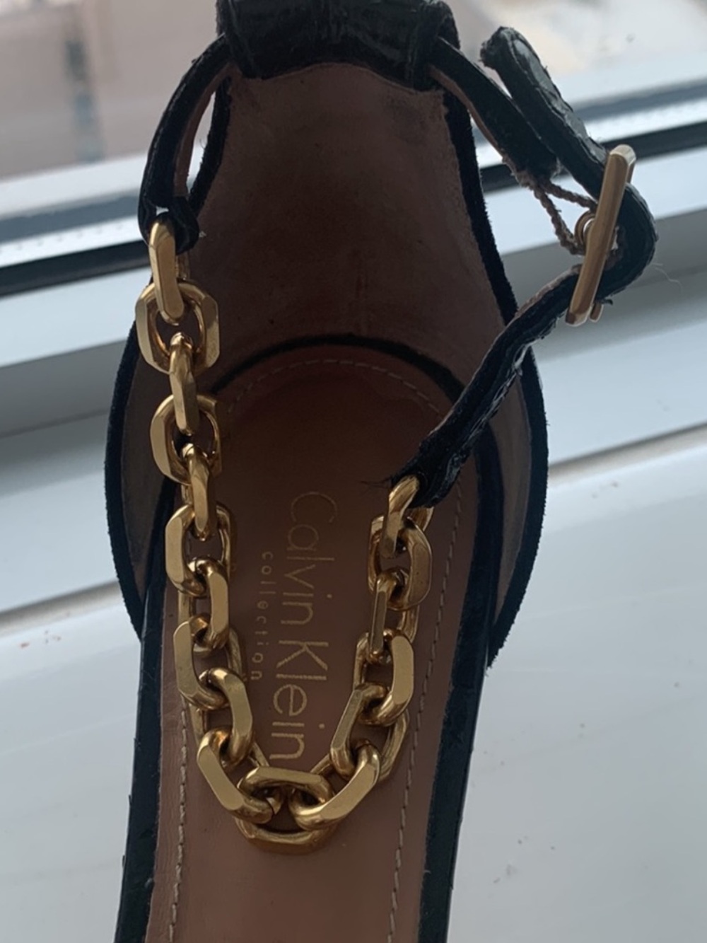 Calvin Klein Collection Black Open-Toe Ankle-Strap Sandals with Gold Chain - Picture 5 of 7